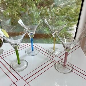 Set of 4 Hand Blown Martini Glasses, Colored Twist Stem Cocktail Glasses
